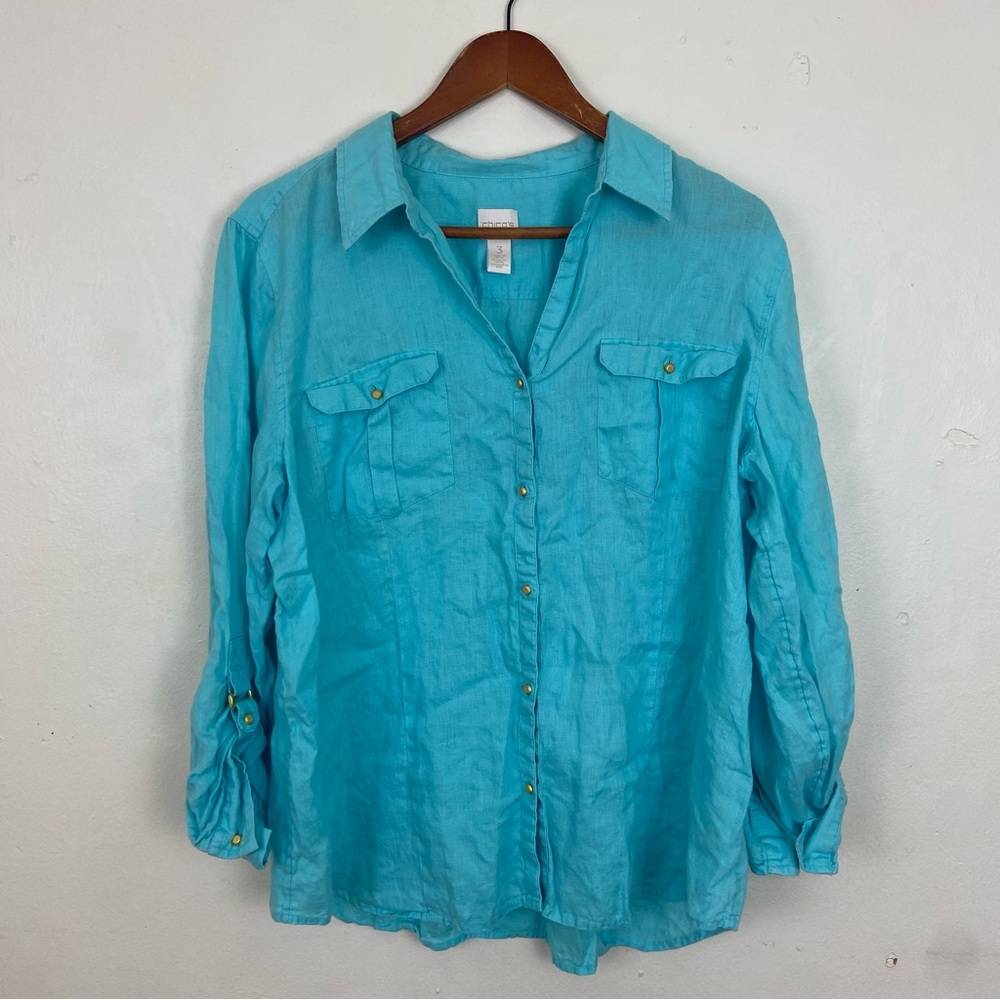 Chicos Aqua Blue Linen Roll Tab Sleeve Button Up Shirt XL